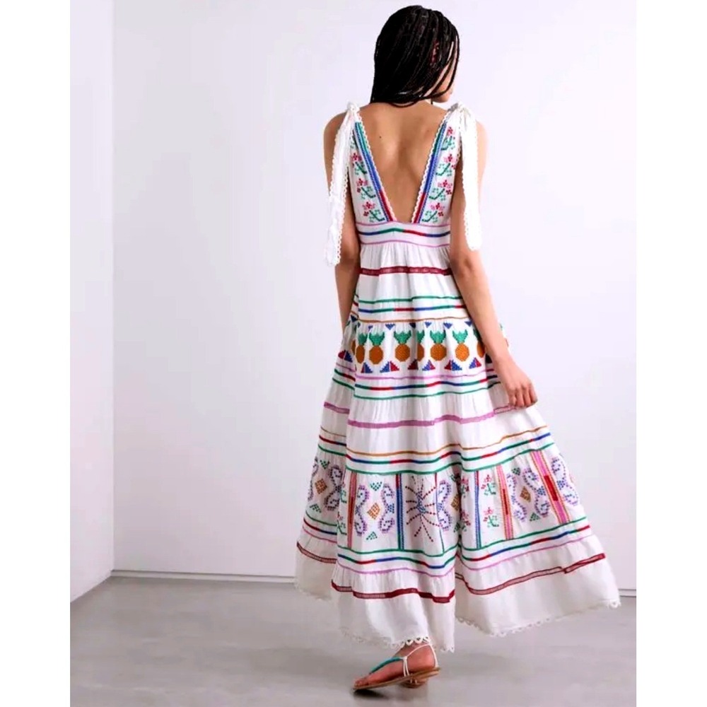 Farm Rio Brazil XL‎ Off White Embroidered lace Pineapple Maxi Dress Tie Shoulder - Picture 2 of 15